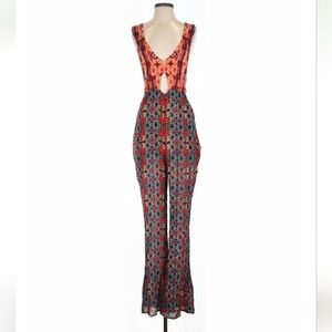 Free People Thinking Of You Jumpsuit Sz 8 Wide Leg Boho Festival Print Cutout